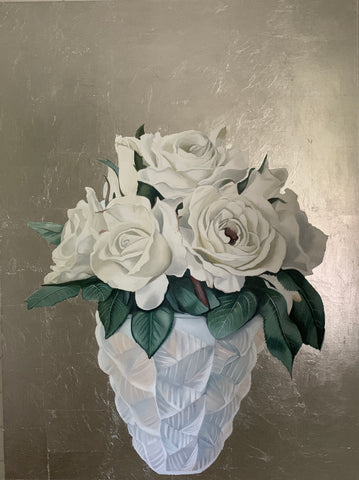 White Roses in Lalique Vase Original Painting