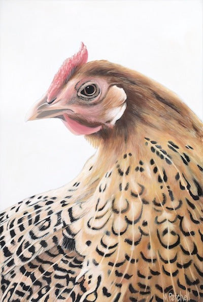 brown hen portrait art print , patterned feathers