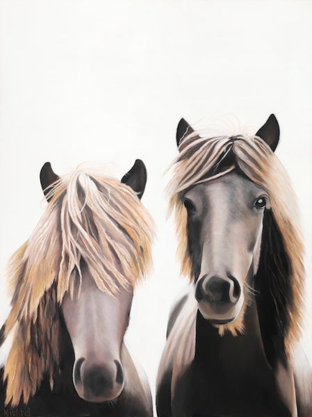 two brown horses, close up portrait, fine art print