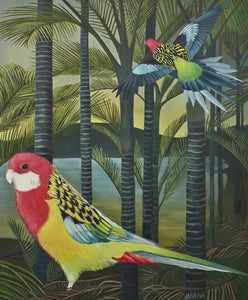 parrots in nikau trees, bird art print  bird art new zealand birds of new zealand, bird painting, nikau