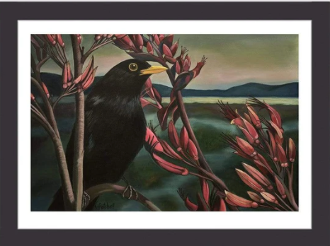 "Raymond" Blackbird and Flax Flowers