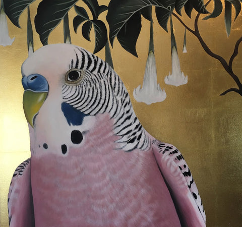 budgie  original painting with gold leaf  and datura, margaret petchell artist 