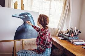 Bird portrait being painted by Margaret Petchell  in artist's studio