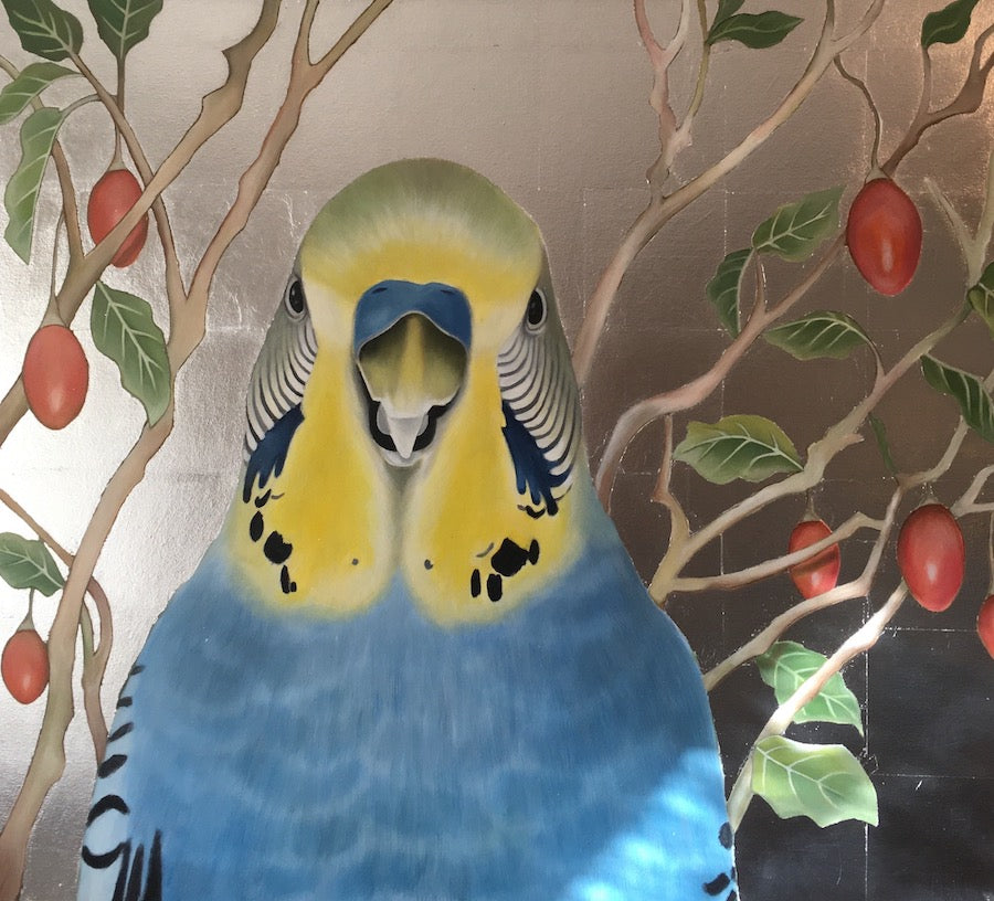budgie painting, with silver leaf and tamarillos