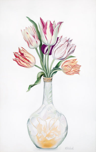 Tulips in Galle vase flower painting, original art by Margaret Petchell