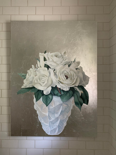 White Roses in Lalique Vase Original Painting
