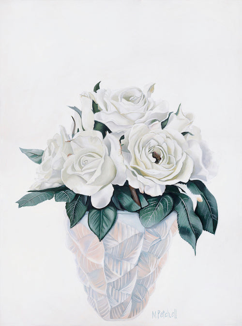 white roses in lalique vase on white background, art print by margaret petchell